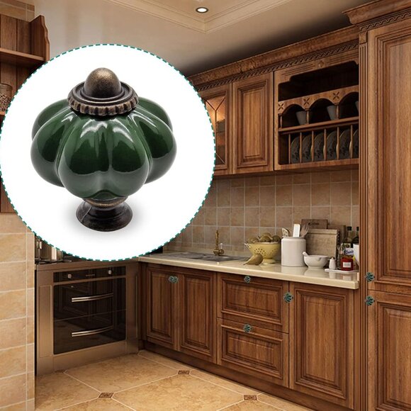 25pcs Dark Green Pumpkin Knobs, Vintage Ceramic Cabinet Handles, Dresser Drawer - Picture 2 of 8
